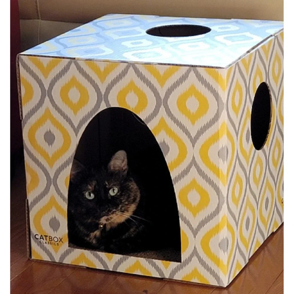 Meow Yellow Cat House with Scratcher, Cat Condo, Cardboard Cat‎ Playhouse